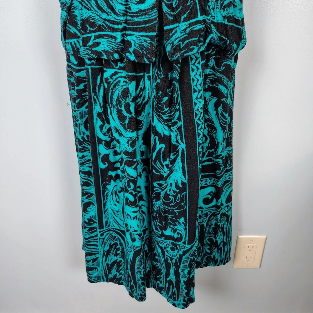 Melrose Womens SZ 7/8 9/10 Two Piece Set Teal Black  Rayon Linen Vintage